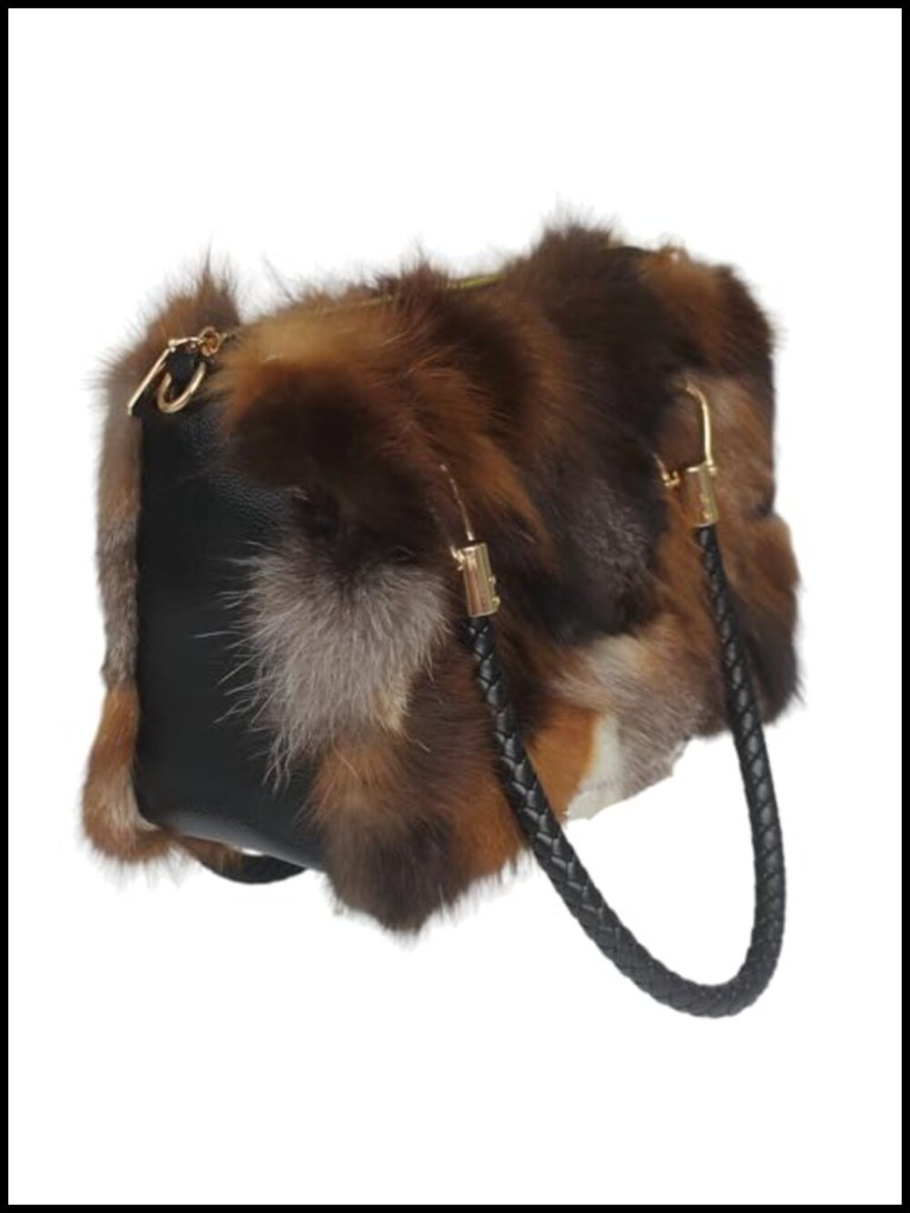 Genuine Fox Fur Satchel Bag Leather Handles Medium